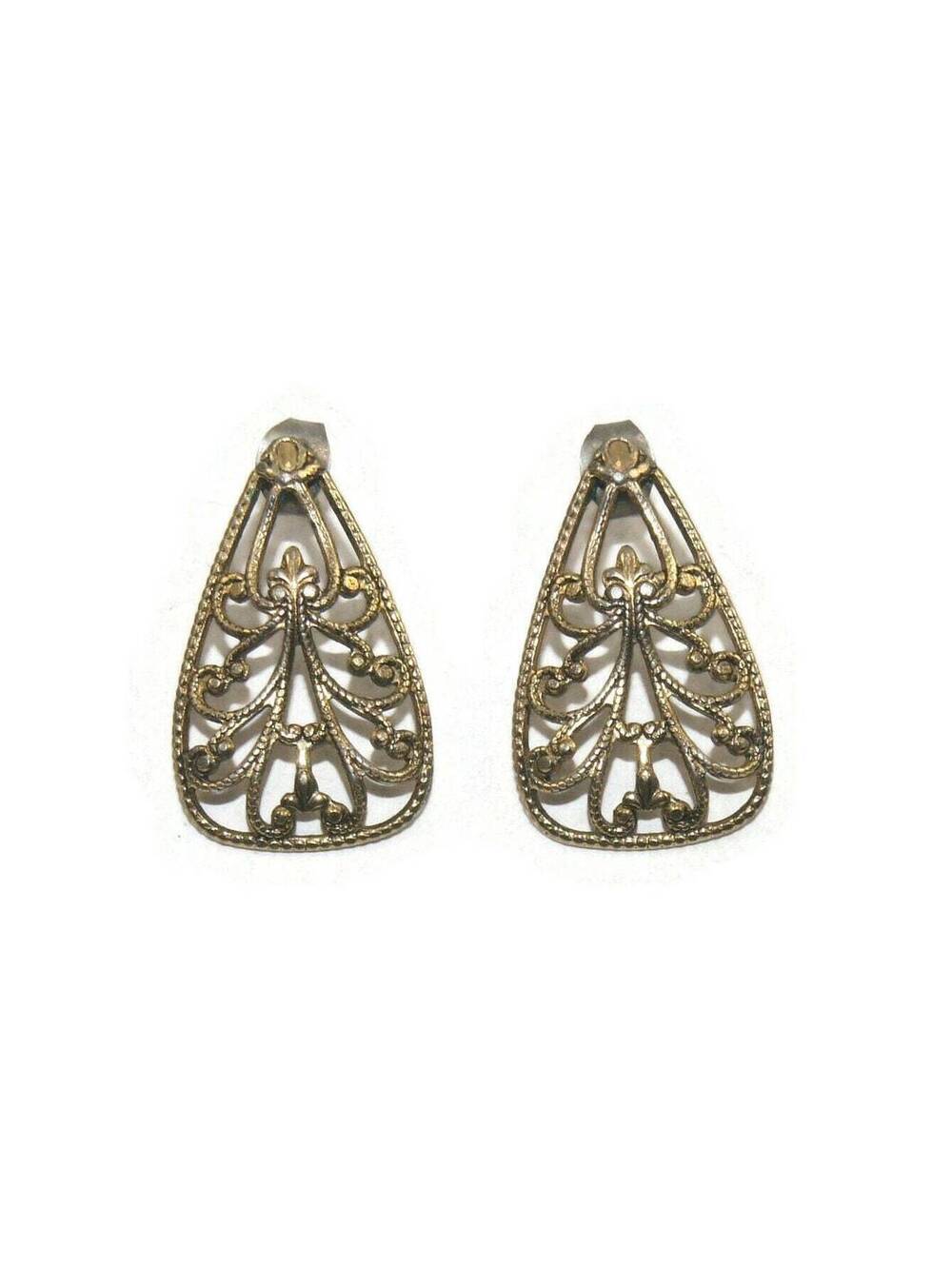 Vintage Gold Tone Teardrop Cut Out Design Stud Earrings with Post Backs.